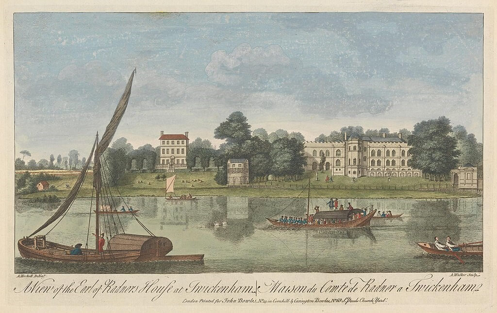 An engraving by Anthony Walker of a view of Radnor House and Gardens at Twickenham created circa 1764