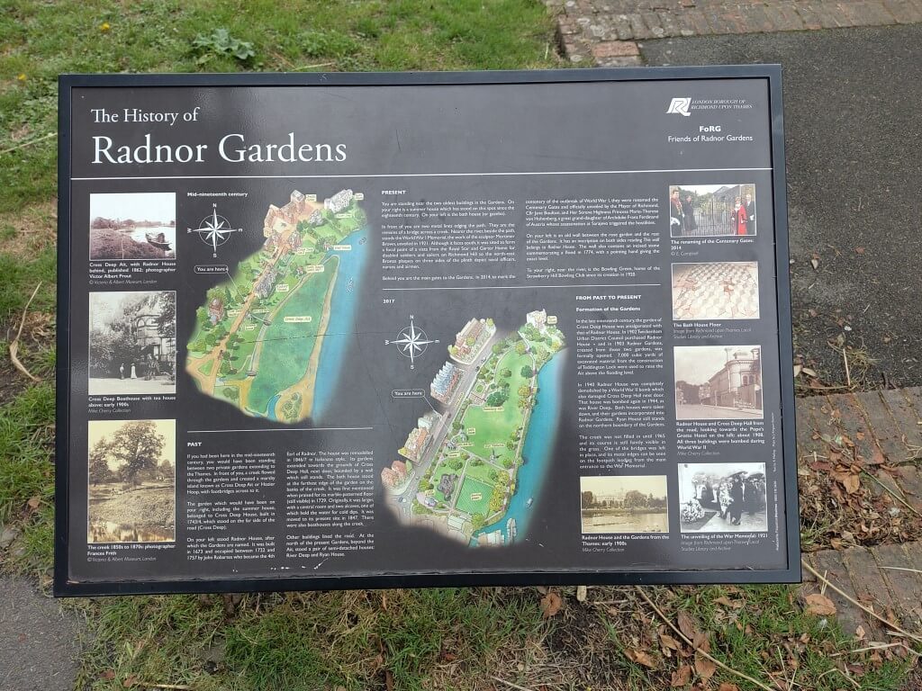 The History of Radnor Gardens information board with map